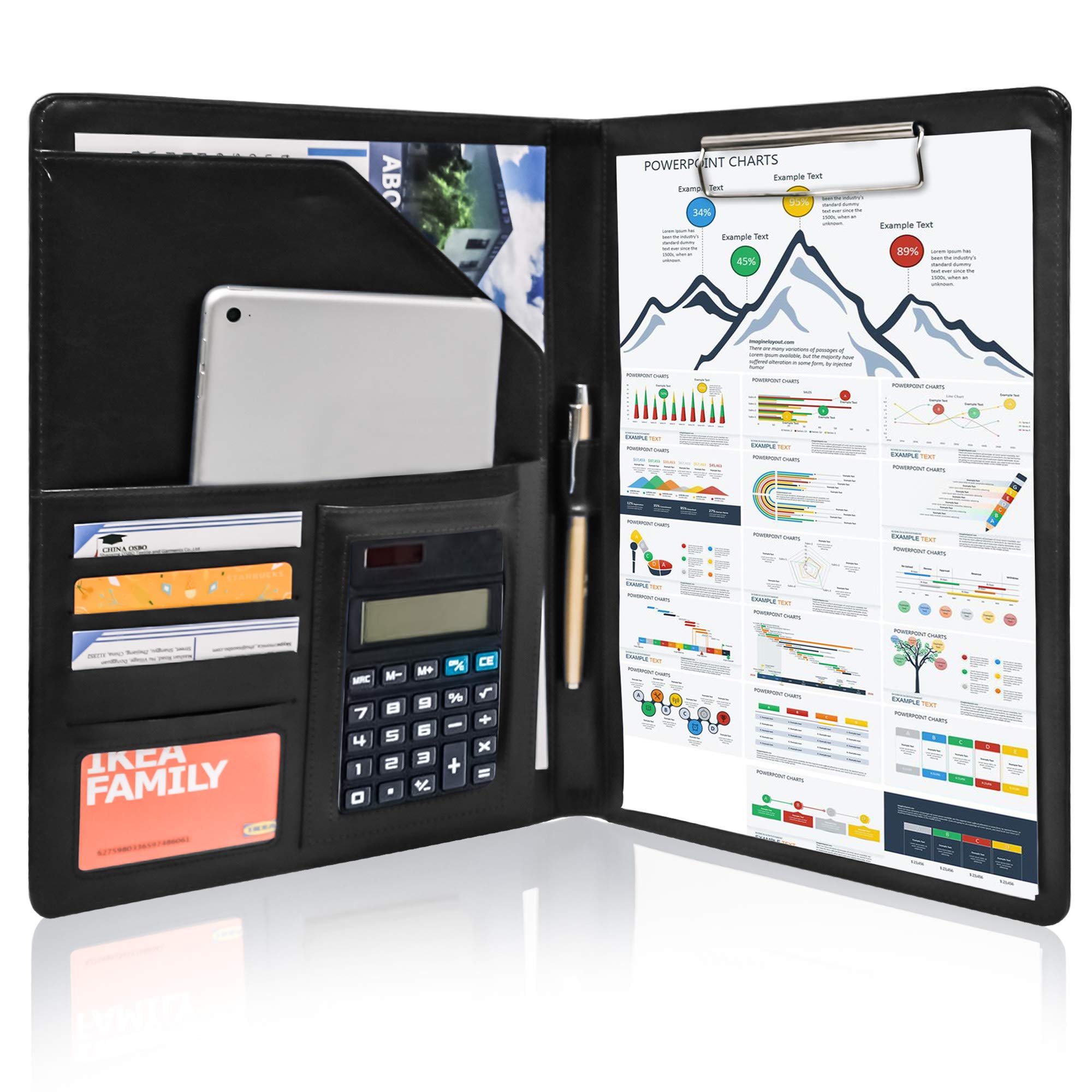 GraduationMall Business Portfolio Padfolio PU Leather Folder Interview Resume Legal Document Organizer with A4 Size Clipboard Black