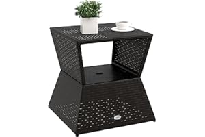 Outsunny Rattan Wicker Outdoor Coffee Table, All Weather Side Table with Umbrella Hole, 2 Tier Storage Shelf, 21.3" Square En