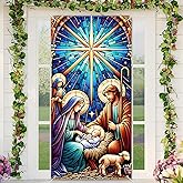 BlissYard Christmas Door Cover Winter Door Cover Nativity Scene Stained Glass Doors Banners 71x35 Inch Religious Holiday Doors Decor Merry Christmas Decor Front Decoration Welcome Peaceful