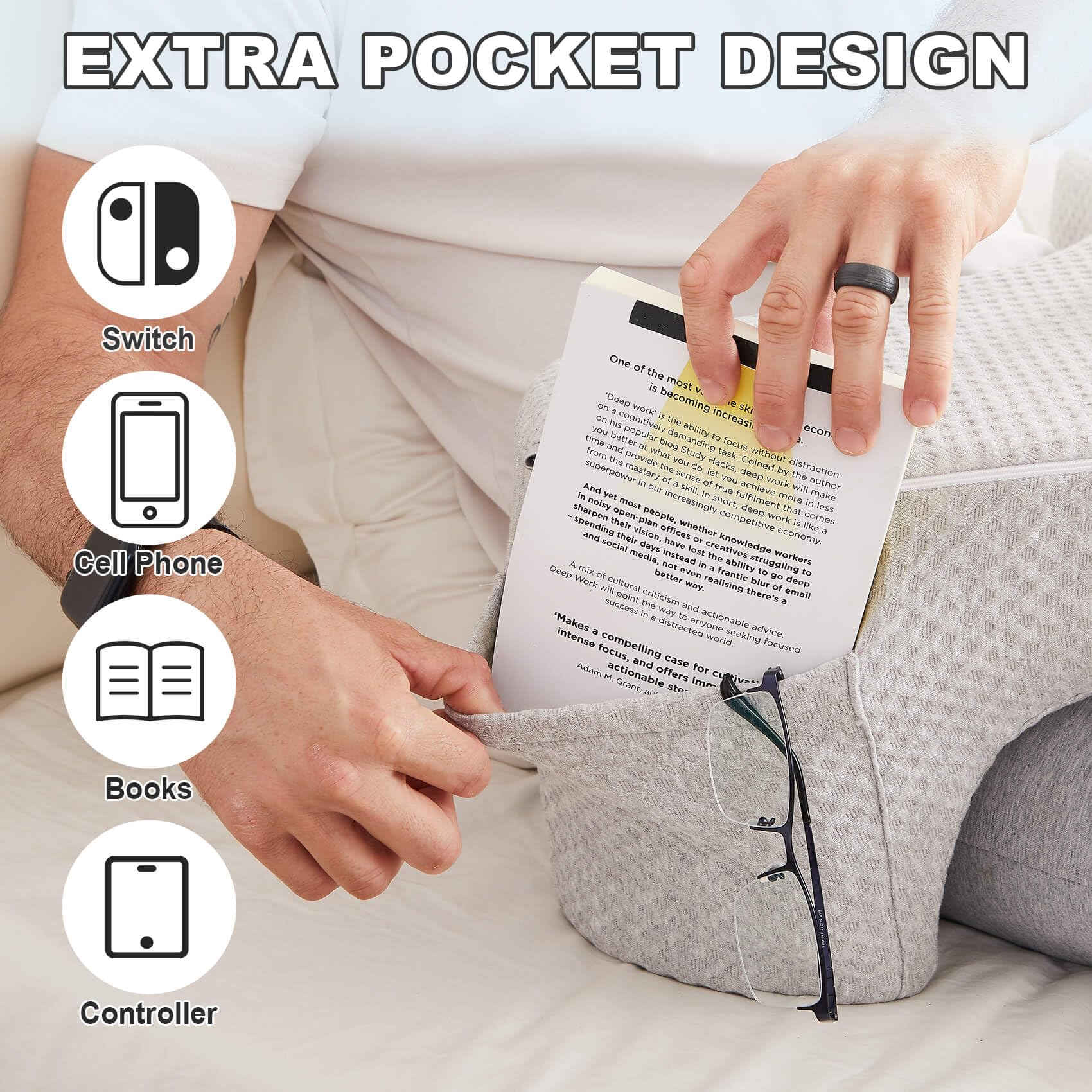 Reading Pillow for Lap, Bed Desk, Laptop Lap Desk, Laptop Desk for Bed, Gaming Pillow, Bed Pillow for Sitting Up, Memory Foam Bed Pillow (Gray), Ideal for Sitting in Bed, on The Sofa or on The Floor