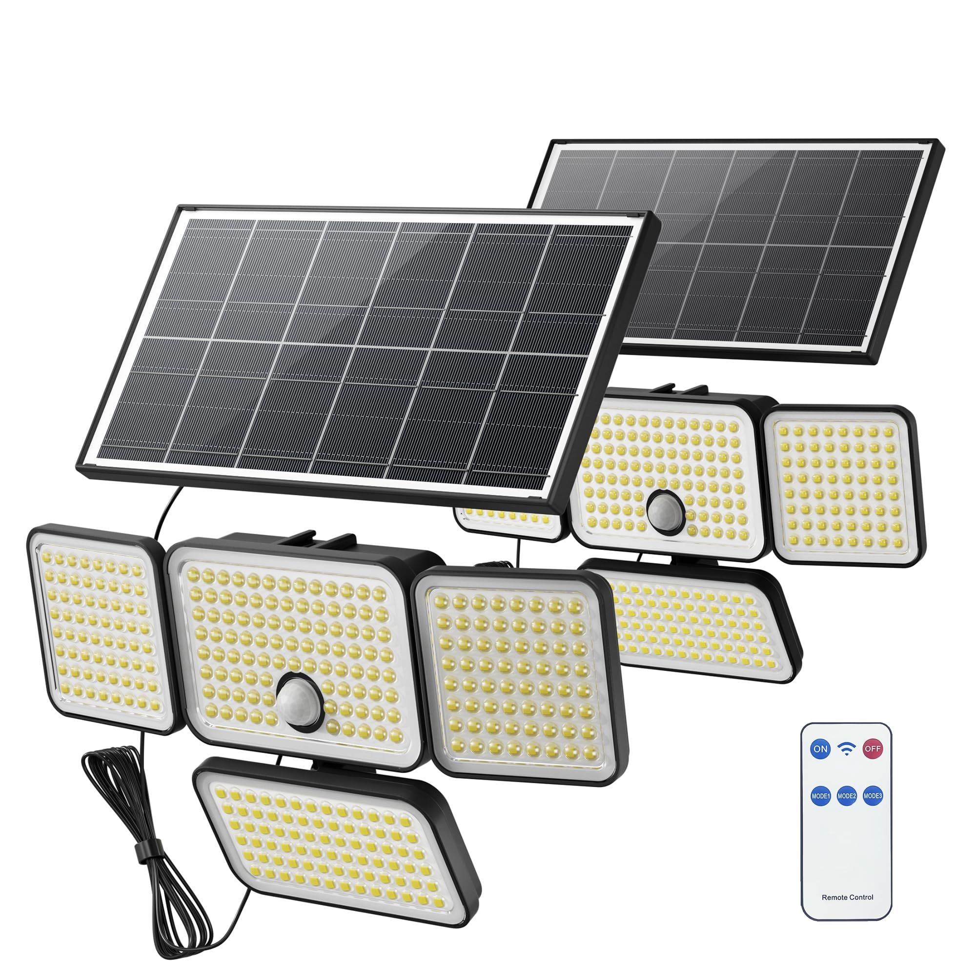 Photo 1 of ***MISSING PIECES*** ***READ CLERK NOTES*** JACKYLED Solar Lights Outdoor, 4000mAh Security Lights with Larger Solar Panel & 16.4FT Cable, 4-Head Motion Sensor Lights with Remote Control, IP65 Waterproof 270° Wide Flood Wall Lights (2 Packs)