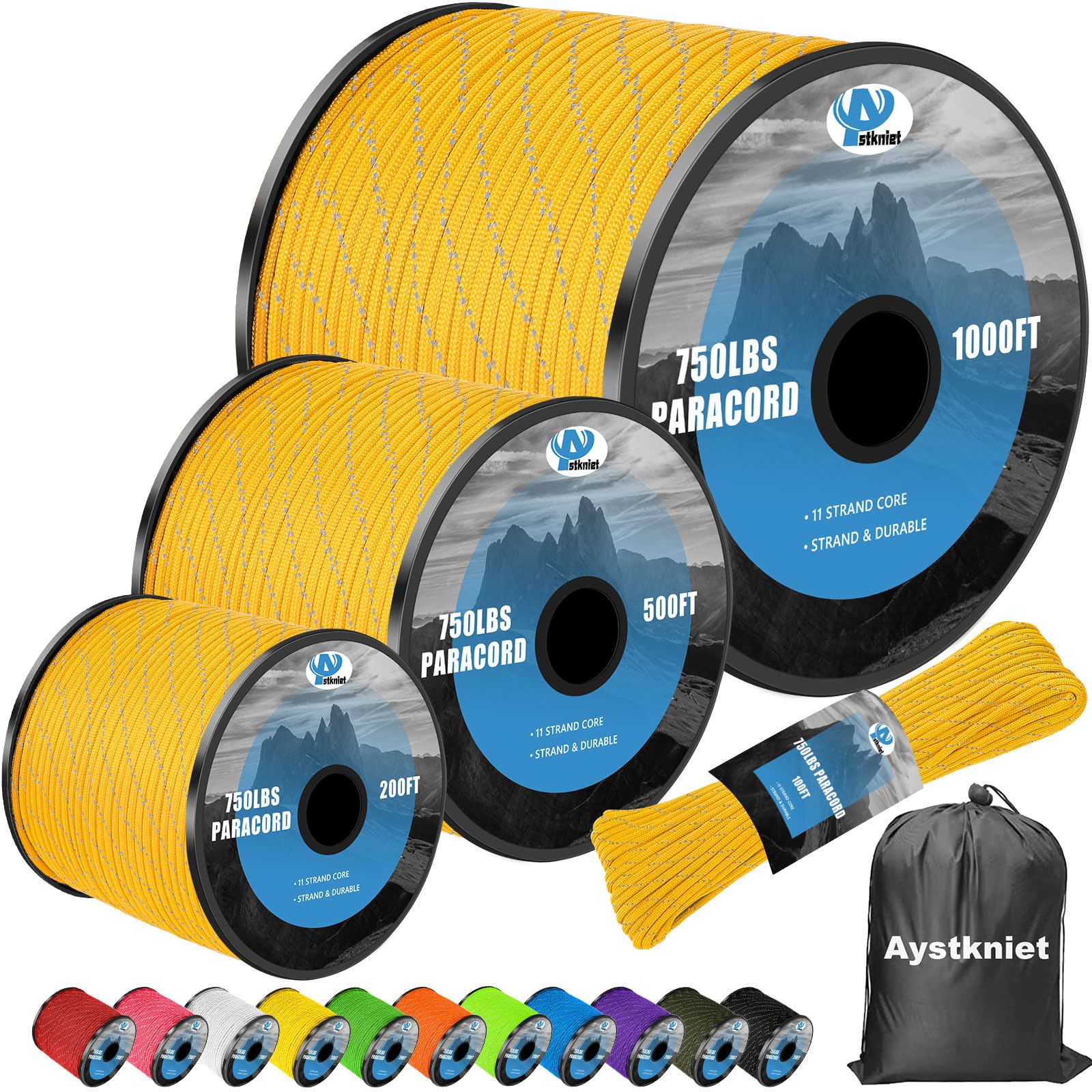 750Ib Reflective Paracord Rope,500', 4mm 11 Strand Parachute Spool Cord with Collecting Bag, para Cord Lanyard for Hammock, Camping, Hiking Image