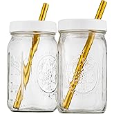 Capsule Classic Reusable Wide Mouth Smoothie Boba Tea Cups Bubble Tea Cups with Lids and Gold Straws Mason Jars Glass Cups (2-pack, 32 oz mason jars)