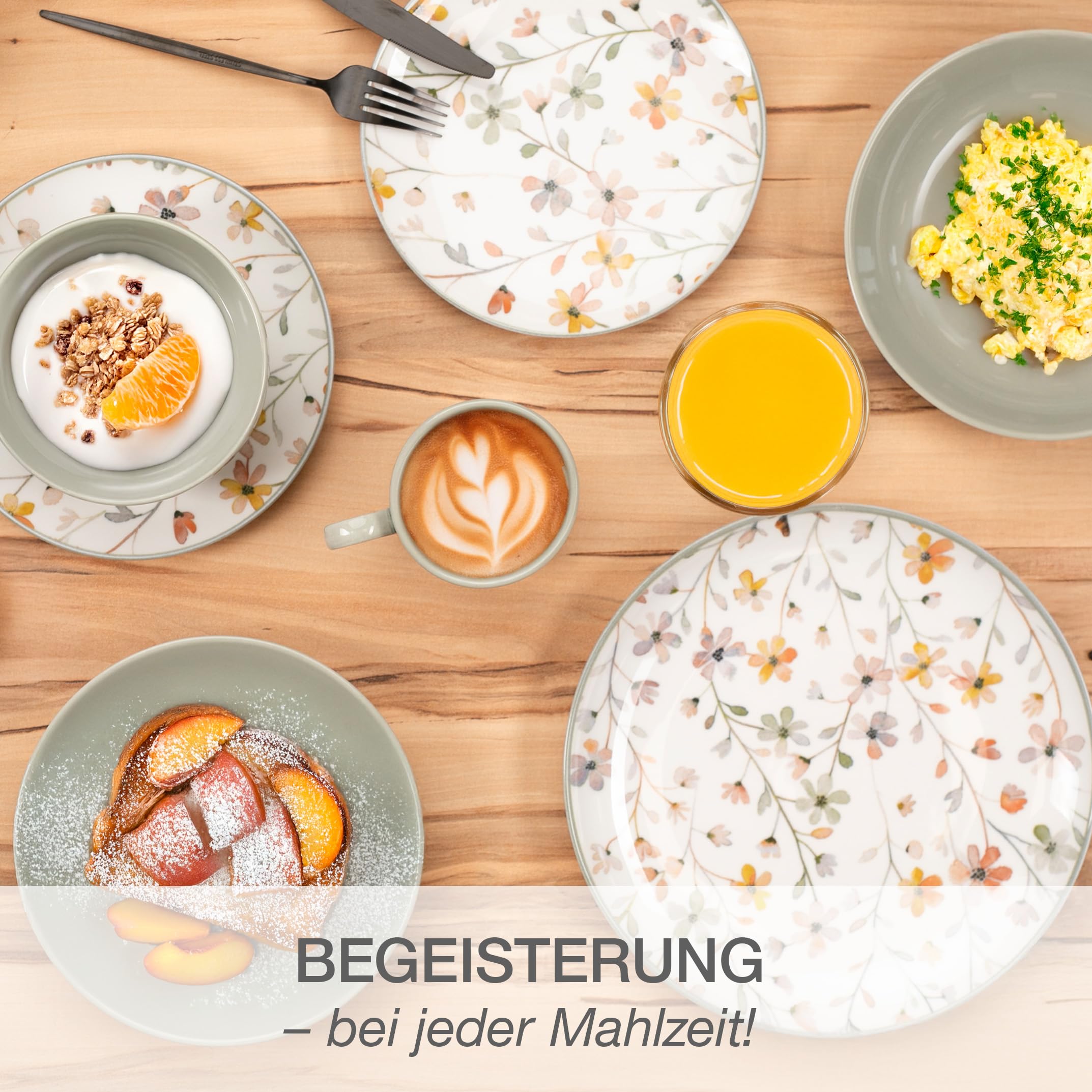 Moritz & Moritz PRIMAVERA Steingut Geschirrset 6 Personen 24-tlg. - Modernes Tafelservice mit verspieltem Design, Pflegeleichtes Kaffeeservice mit Teller Set, Schüsseln & Tassen - Kombiservice 7