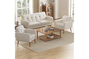 HUIMO Living Room Set, Button Tufted Living Room Furniture Sets, Upholstered Modern Couch Set with Solid Frame, Deep Seat Sofa Set for Living Room, Office (White, 3 Piece Set-1*loveseat+2*Chair)
