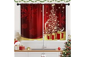 Nesphy Christmas Snowflake Tree Kitchen Window Curtains Over Sink Set of 2, Red Gold Winter Xmas Rod Pocket Short Tier Curtains, Christmas Small Kitchen Decor (26x36 Inch)