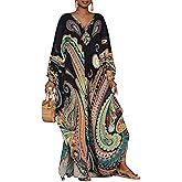 Bsubseach Kaftan Dresses for Women Ethnic Print Plus Size Beach Cover Ups Batwing Sleeve Caftans with Pockets