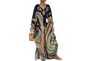 Bsubseach Kaftan Dresses for Women Ethnic Print Plus Size Beach Cover Ups Batwing Sleeve Caftans with Pockets