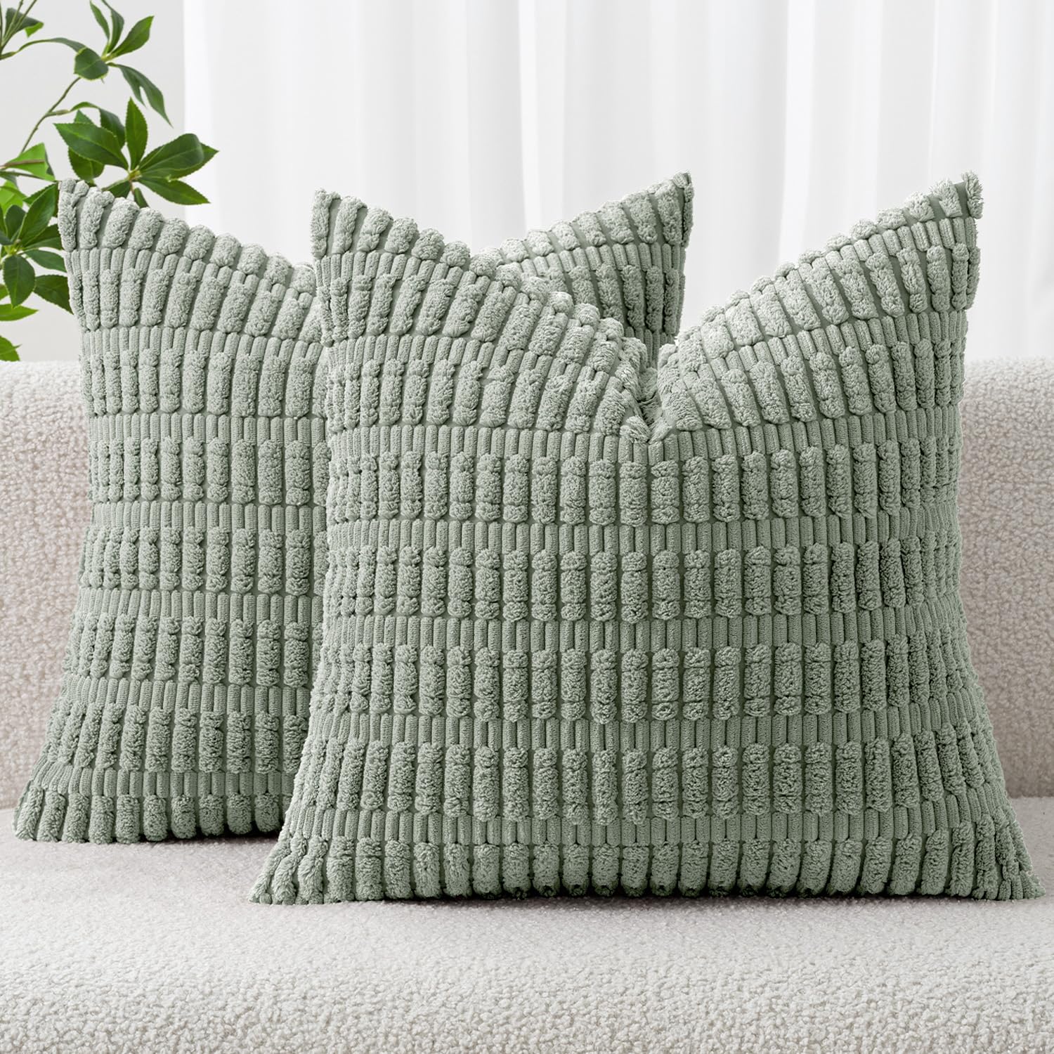 MIULEE Pack of 2 Cushion Covers 45x45 cm Corduroy Greyish Green Square Decorative Throw Pillow Covers 18x18 Inch Boho for Living Room Sofa Bedroom