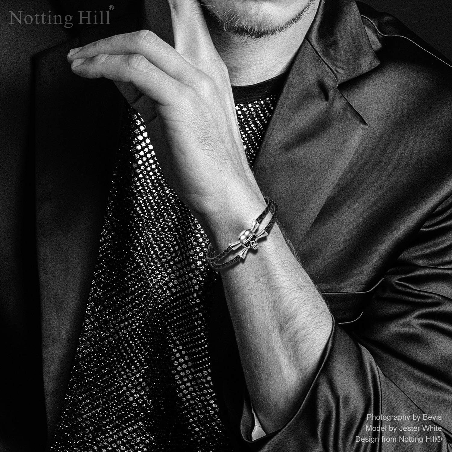 Notting Hill Dark Knight Herren Lederarmband klassisches geflochtenes Armband Schwarz /& Silber Manschette Armband Schmuck Geschenkbox Easy Magnetverschluss