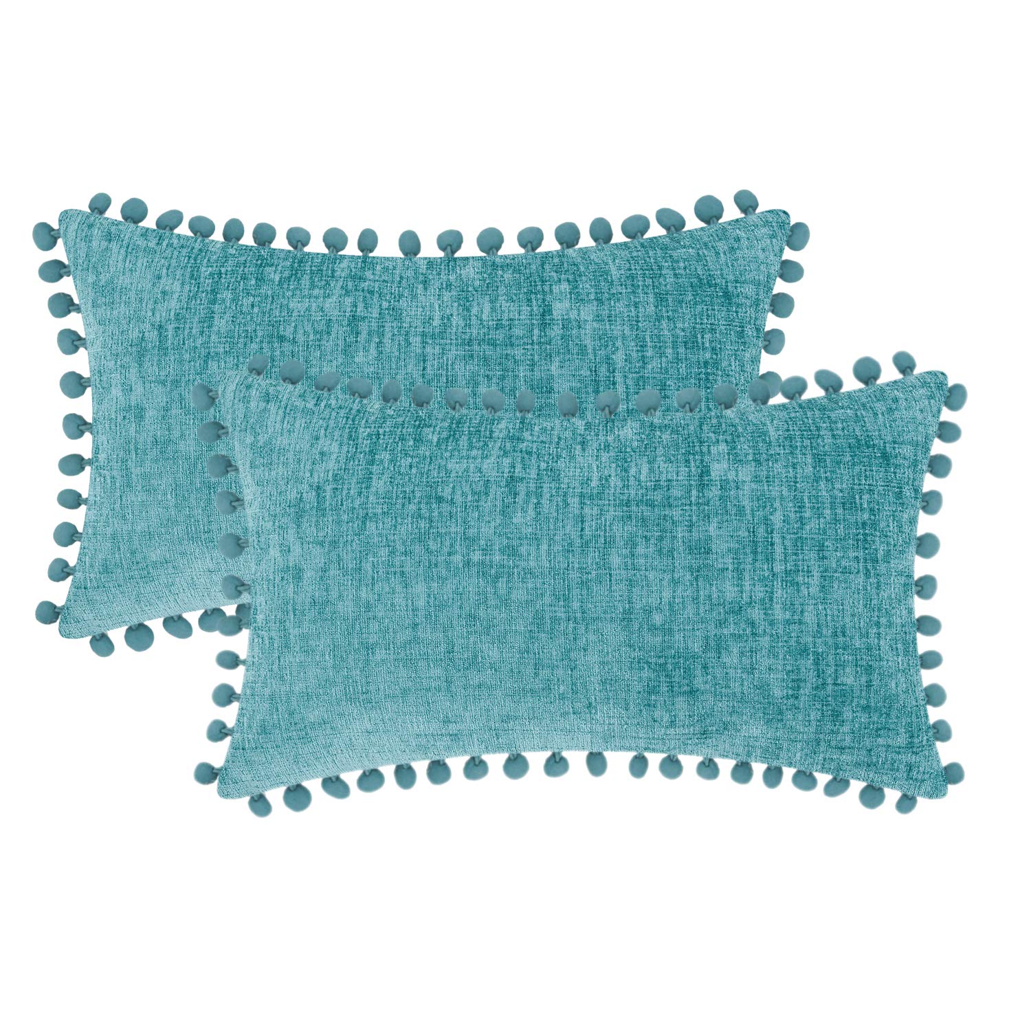 Photo 1 of CaliTime Throw Pillow Covers Decorative 20 X 12 Inches Pack of 2 Cozy Solid Dyed Soft Chenille Cushion Cases with Pom Poms for Couch Sofa Bed Living Room Home Teal