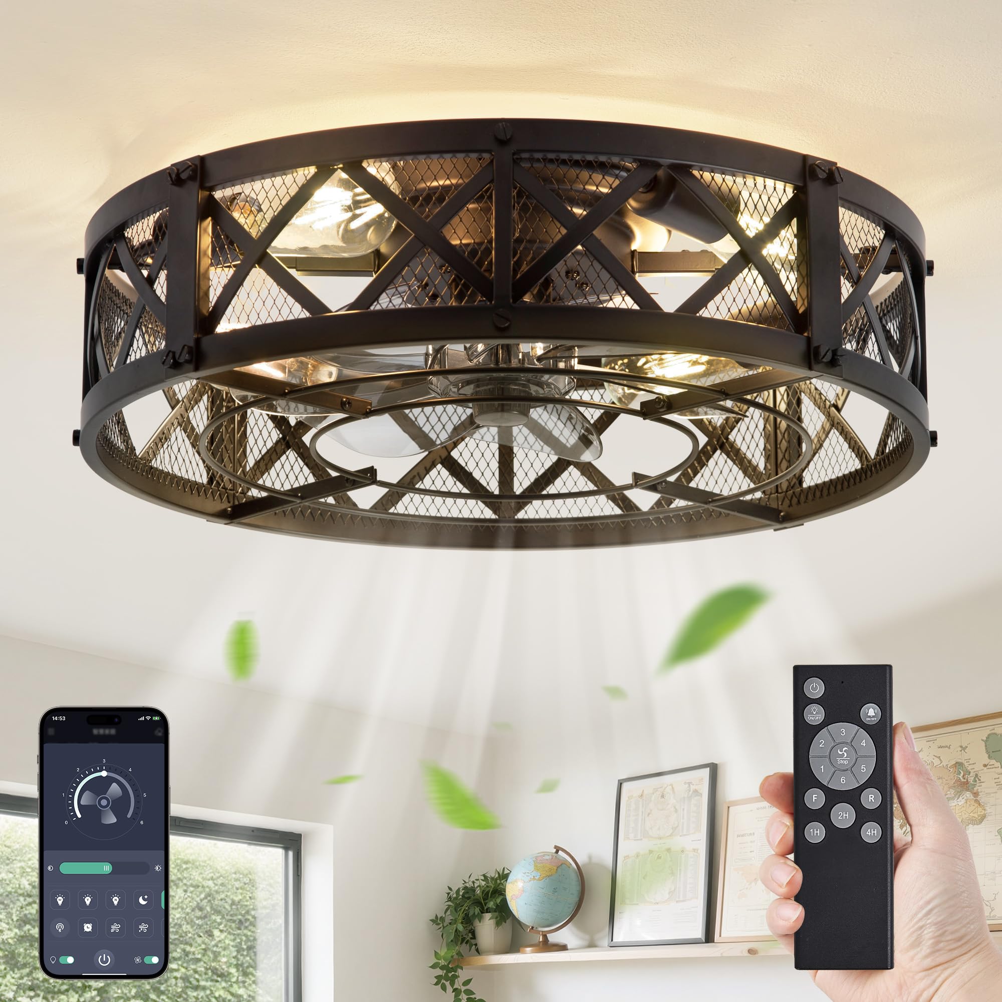 Photo 1 of LEDIARY 20" Caged Ceiling Fan With Light, APP&Remote Control, Small Flush Mount Farmhouse Fan Lights, Low Profile Rustic Bladeless Ceiling Fan Fixtures For Bedroom, Kitchen-Black Color