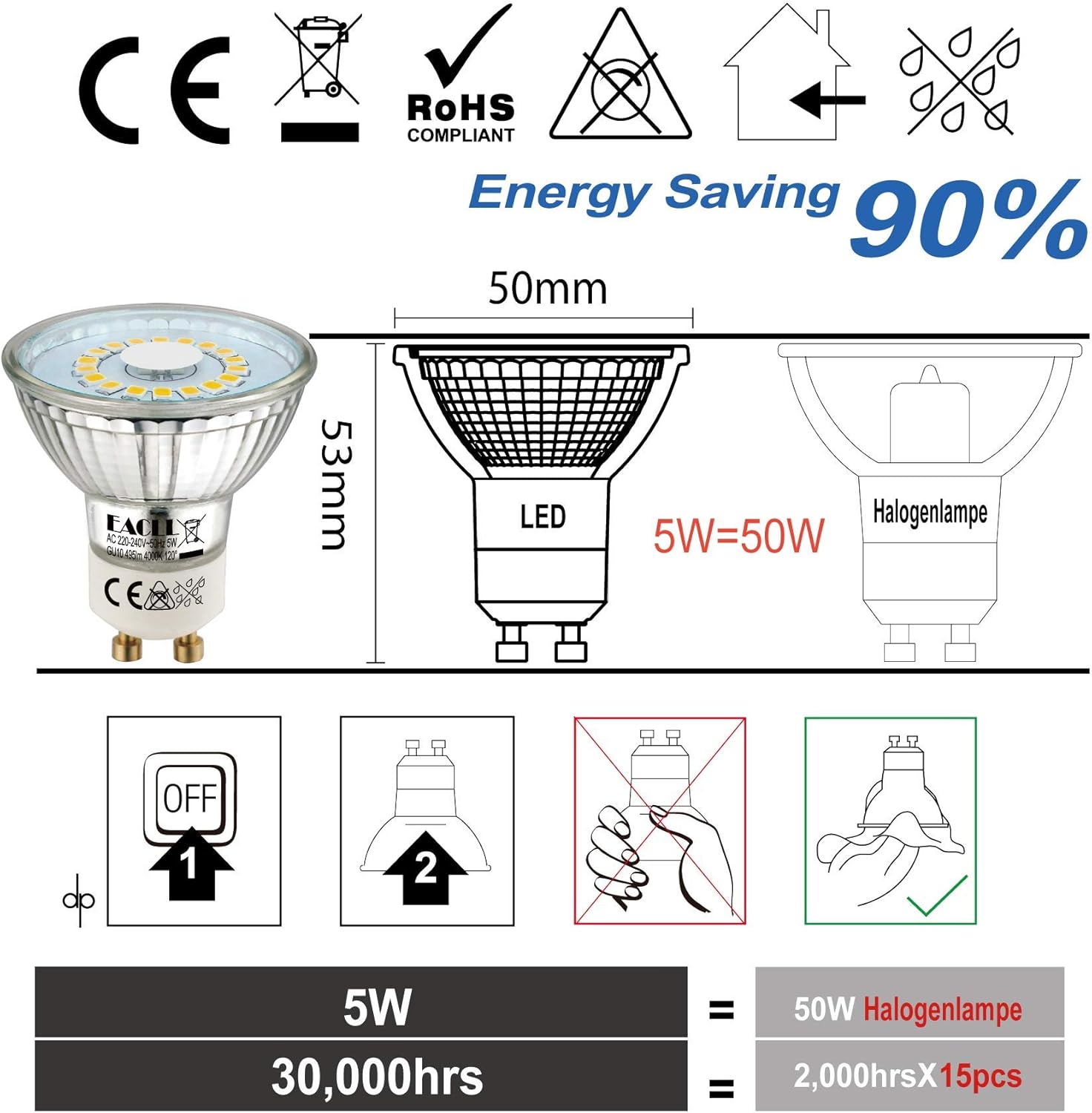 EACLL GU10 LED Bulbs Neutral Daylight White 4.8W 4000K, 50W Halogen Lamp Equivalent. 710 Lumen Energy Saving Light Source - Image 5