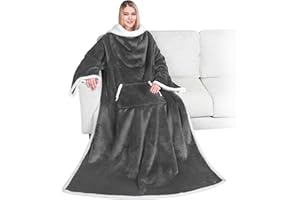 PAVILIA Sherpa Wearable Blanket with Sleeves and Pocket, Plush Thick Cozy Body Blanket Wrap for Adult Women Men, Christmas Gift for Wife Mom, Dark Grey