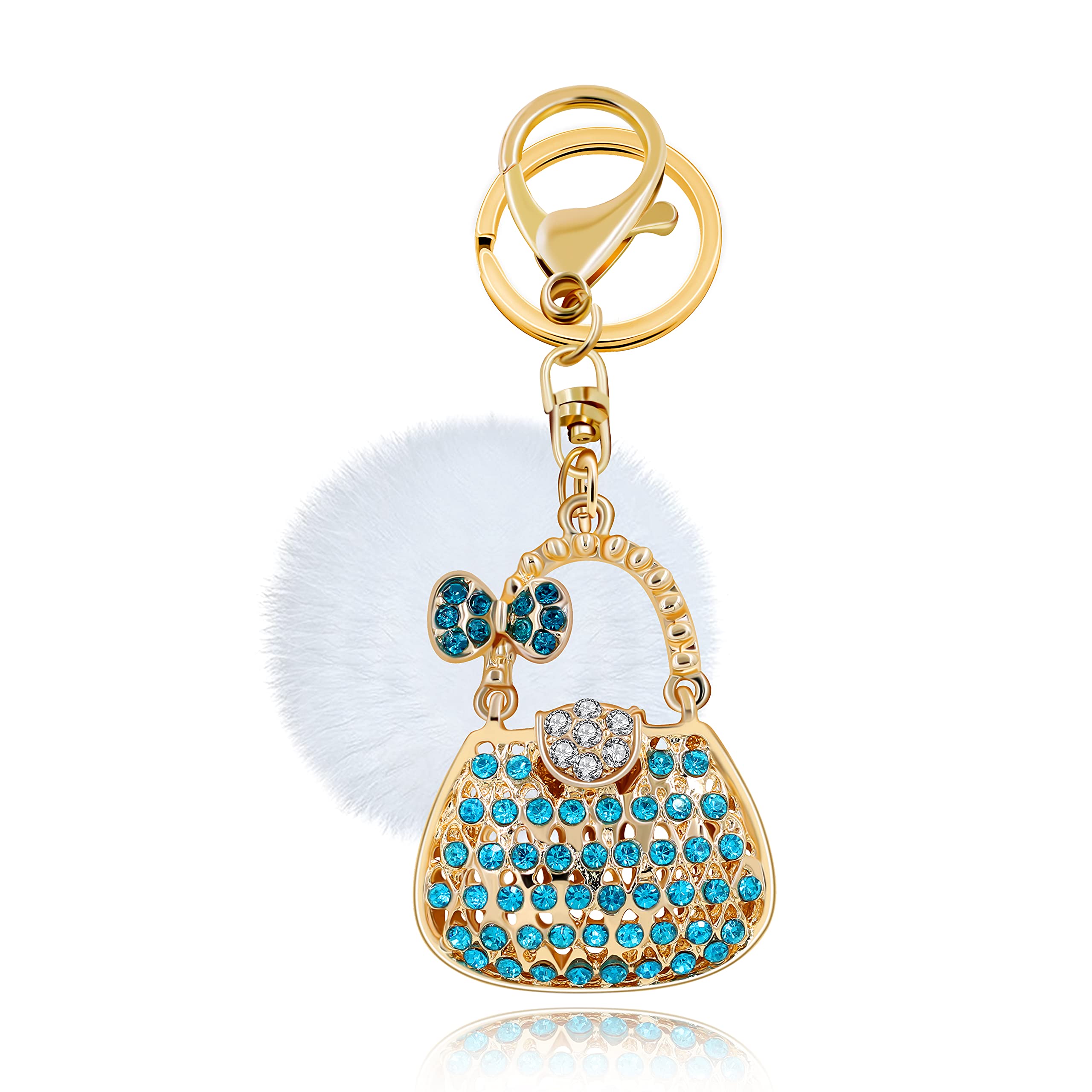 Uloveido Cute Blue Handbag Design Keychain Key Fob for Women Girls Charms with Fur Ball