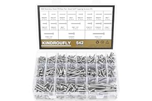Kindroufly 542 Pieces #4#6#8#10#12 Phillips Pan Head Self-Tapping Screws, Wood Screws Assortment Kit, 304 Stainless Steel