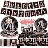 142Pcs 70th Birthday Tableware Decorations for Women Rose Gold Happy 70 Birthday Themed Tableware Set Disposable Tablecloth,Plates,Napkins,Cups,Forks and Knives of 70 Years Old Birthday Party