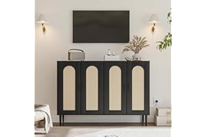 Rattan Sideboard Buffet Cabinet, Boho Storage Cabinet with Adjustable Shelve& Power Outlet, Farmhouse Credenza Coffee Bar Cab