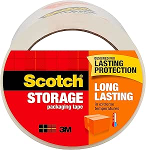 Scotch Long Lasting Storage Packaging Tape, 1.88" x 54.6 yd, Designed for Storage and Packing, Stays Sealed in Weather Extremes, 3" Core, Clear, 1 Roll (3650)