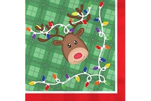 Iconikal 75-Count Disposable Paper Party Napkins Reindeer Friends of Santa 6.5x6.5-Inch Christmas Dinner Holiday Festive Plaid Design Bulk Pack