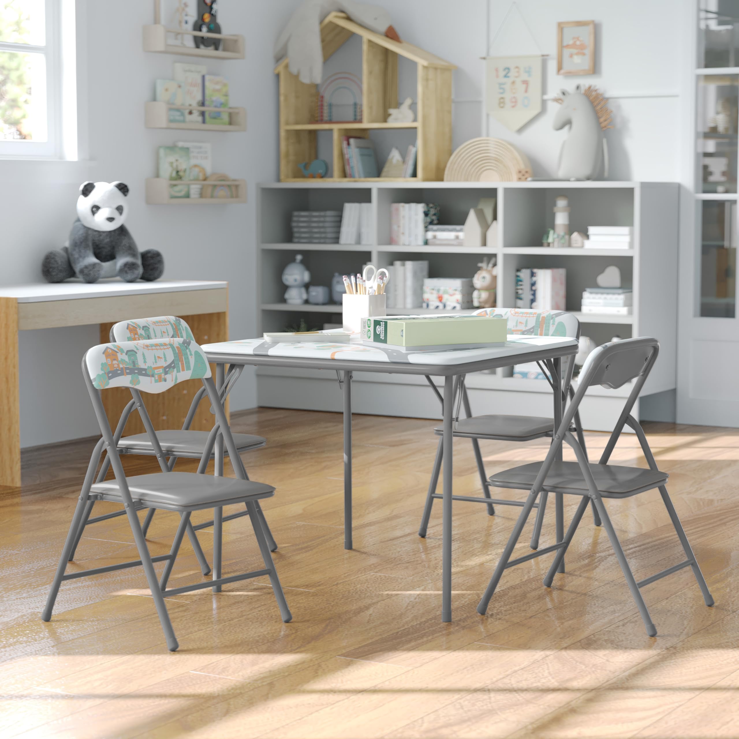 Flash Furniture Mindy Kids 5-Piece Folding Square Table and Chairs Set for Daycare and Classrooms, Children's Activity Table and Chairs Set, Printed Image Flash Furniture Mindy Kids 5-Piece Folding Square Table and Chairs Set for Daycare and Classrooms, Children's Activity Table and Chairs Set, Printed Image