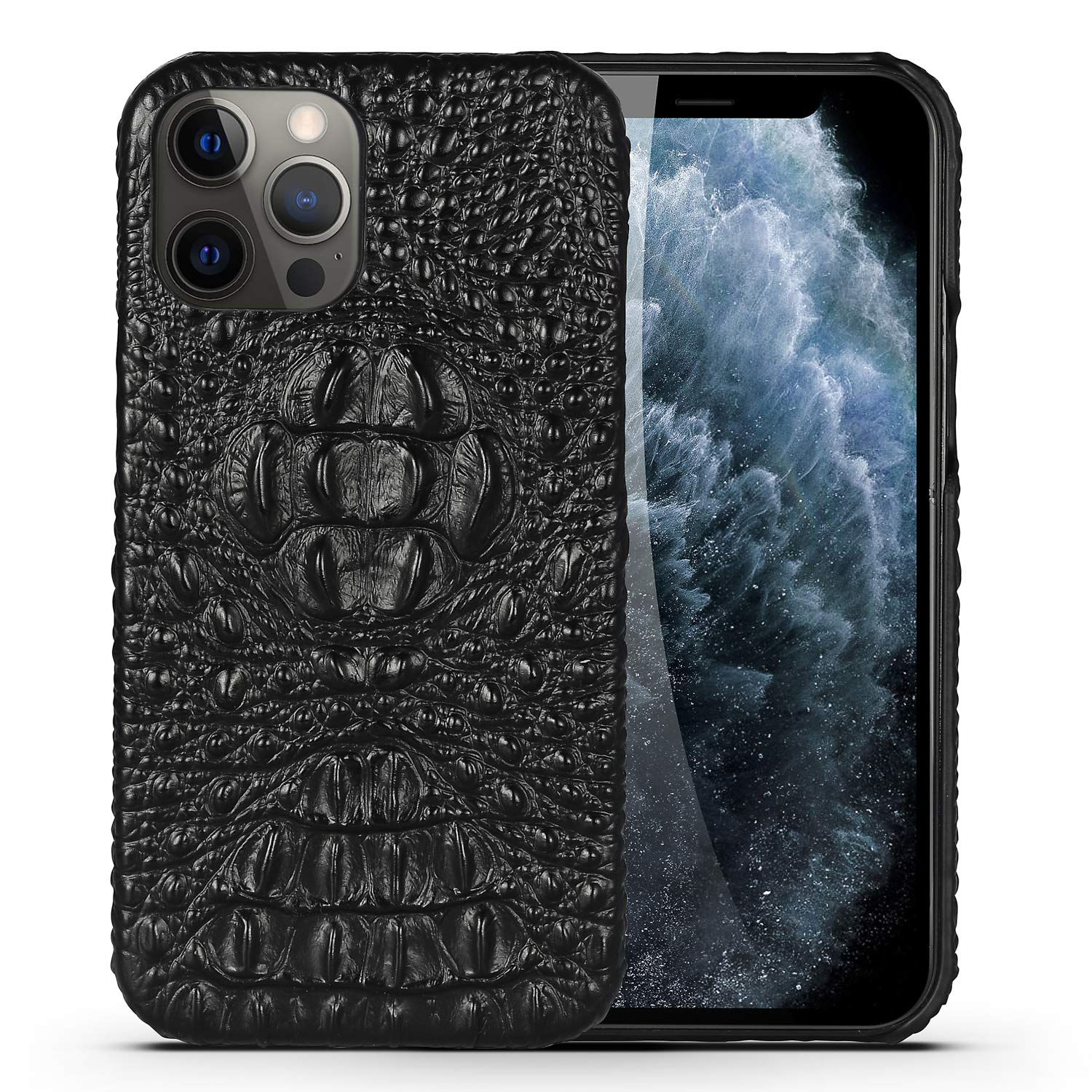 nincyee Genuine Leather Basic Case for iPhone 12 Pro and iPhone 12,Luxurious Crocodile Head Relief Premium Real Leather Handmade Case Half Wrapped Black — image 1
