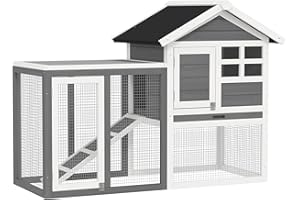 PawHut 49" Weatherproof Wooden Rabbit Hutch with Slant Roof and Screened Outdoor Run, Grey