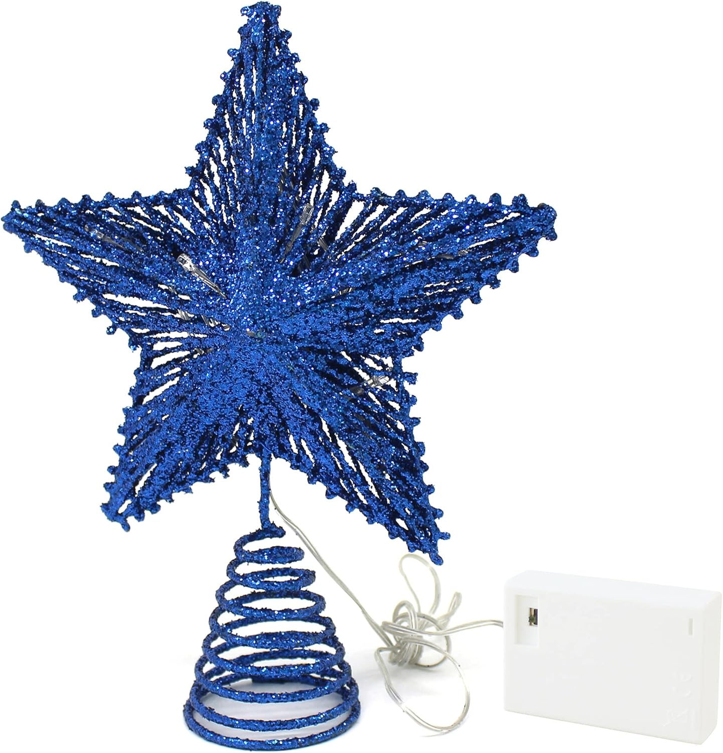 Tree Toppers - CVHOMEDECO. Blue Glittered 3D Tree Top Star with Warm White LED Lights and Timer for Christmas Ornaments and Holiday Seasonal Décor, 8 x 10 Inch