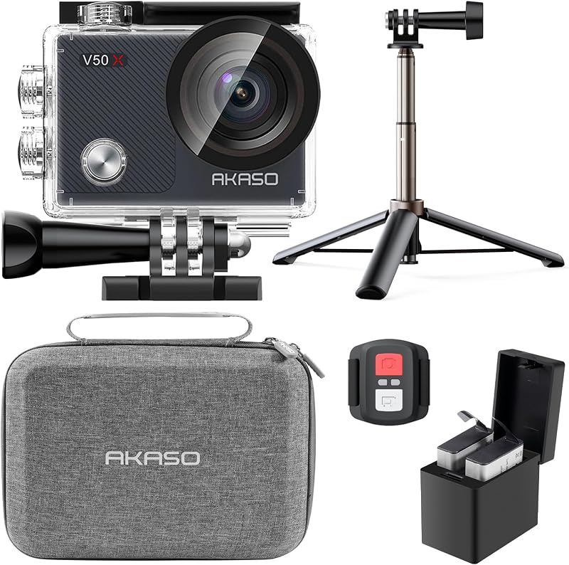 AKASO V50 X Action Camera Selfie Stick Bundle 4K Underwater 2 Batteries