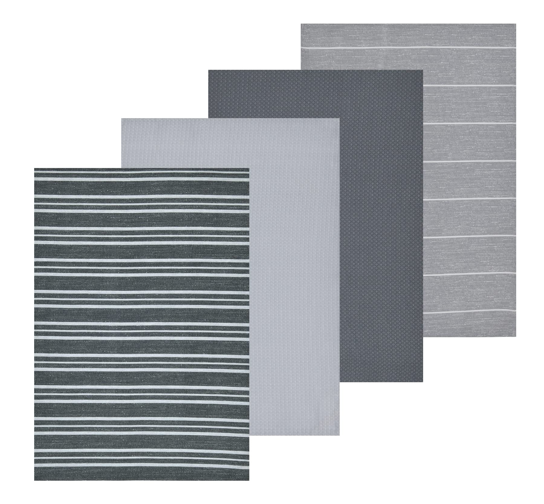Sleepdown Textured Stripe Printed & Waffle Tea Towels 100% Cotton Half Panama - Super Absorbent Luxury Hotel Quality Kitchen Towel - Pack of 4 - Grey - 46cm x 65cm