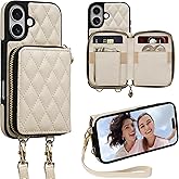 Keallce Case for iPhone 17 6.3'' Wallet Case, Crossbody Zipper Purse with Wrist Strap Lanyard Handbag, RFID Blocking Card Holders, Kickstand Flip Leather Cover for iPhone 17, Beige