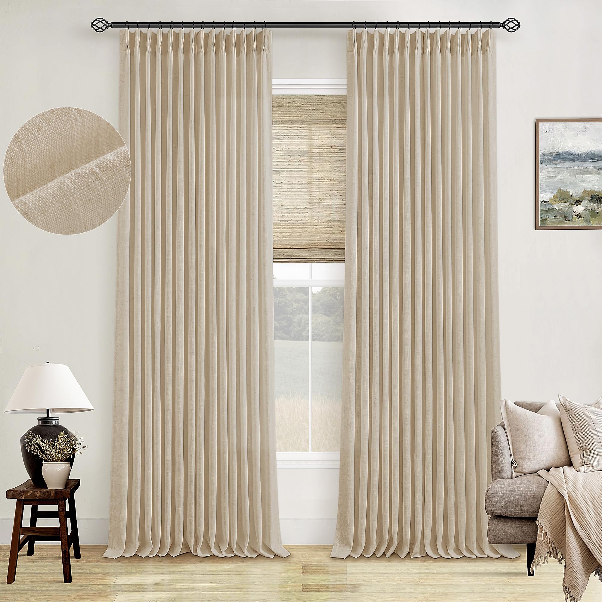 Photo 1 of Warm Beige Linen Curtains 102 Inches Long 2 Panels for Living Room Thick Linen Flax Cloth Pinch Pleated Memory Trained Back Tab Light Filtering Semi Sheer Curtain with Hook Rings Sand Cream Neutral