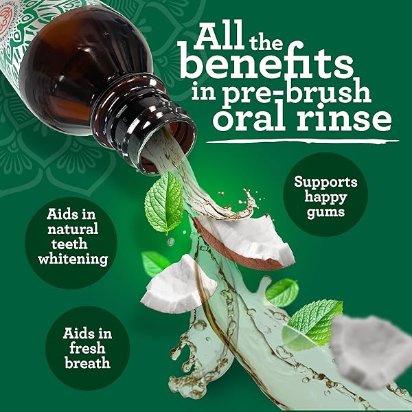 GURUNANDA STARTER PULLING OIL MOUTHWASH FOR NATURAL TEETH WHITENING, COCONUT AND PEPPERMINT OIL FOR FRESH BREATH & HAPPY GUMS, WITH TOOTHBRUSH & TONGUE SCRAPER, ALCOHOL-FREE, 8 OZ