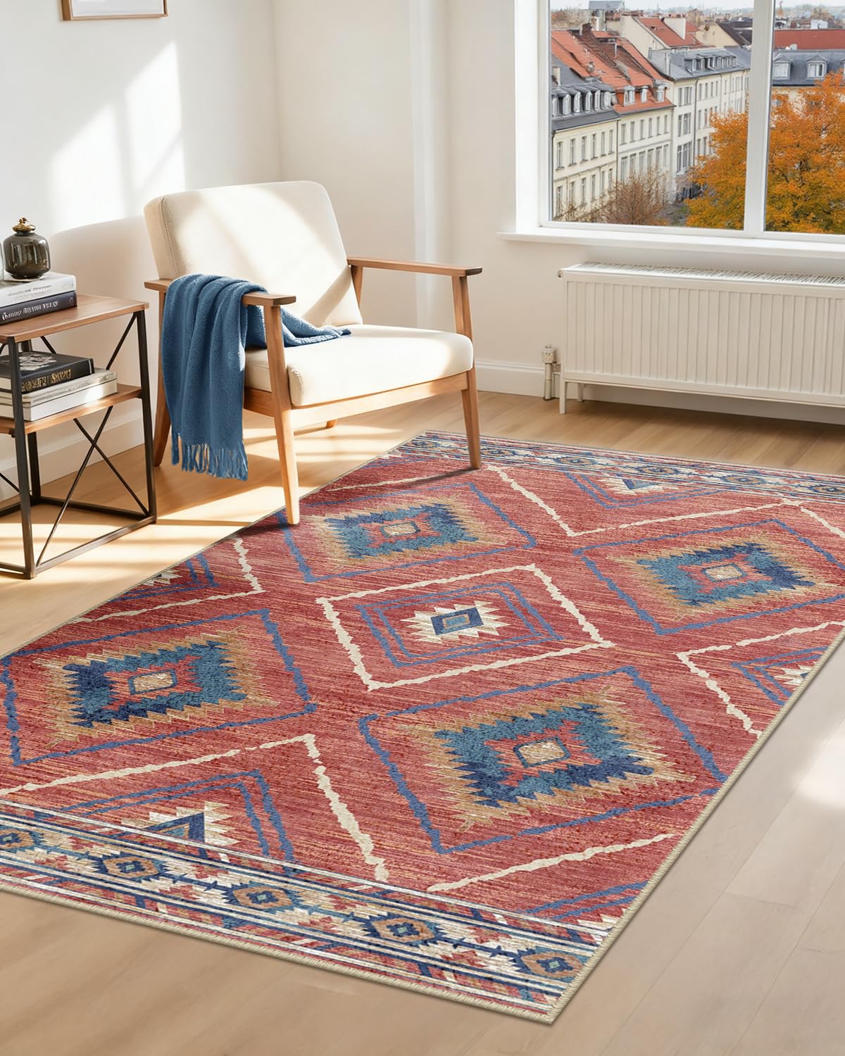 DEFYNEE Machine Washable Rugs Living Room, 90x150 cm Kitchen Rugs Non Slip, Soft Short Pile Vintage Red Rugs for Bedroom, Moroccan Rug for Hallway, Bedroom, and Kitchen, Red