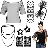 ZhouBoat 80s Fishnet Top Costume Accessory Set for Women, Black Mesh Off Shoulder Shirt with Gloves Headband Jewelry 1980s Retro Halloween Party Outfit
