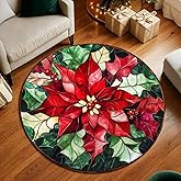 Personalized Christmas Round Rug – Custom Rustic Farmhouse Xmas Poinsettia Circle Mat, Stained Glass Red Area Carpet, Under T