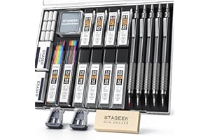 STAGEEK 21PCS Metal Mechanical Pencil Set, Art Lead Pencil 0.3, 0.5, 0.7, 0.9, 2mm Holder(HB 2H 2B 4B Color) with 10 Tubes Graphite Lead Refills Eraser with Case for Drafting Drawing Sketching