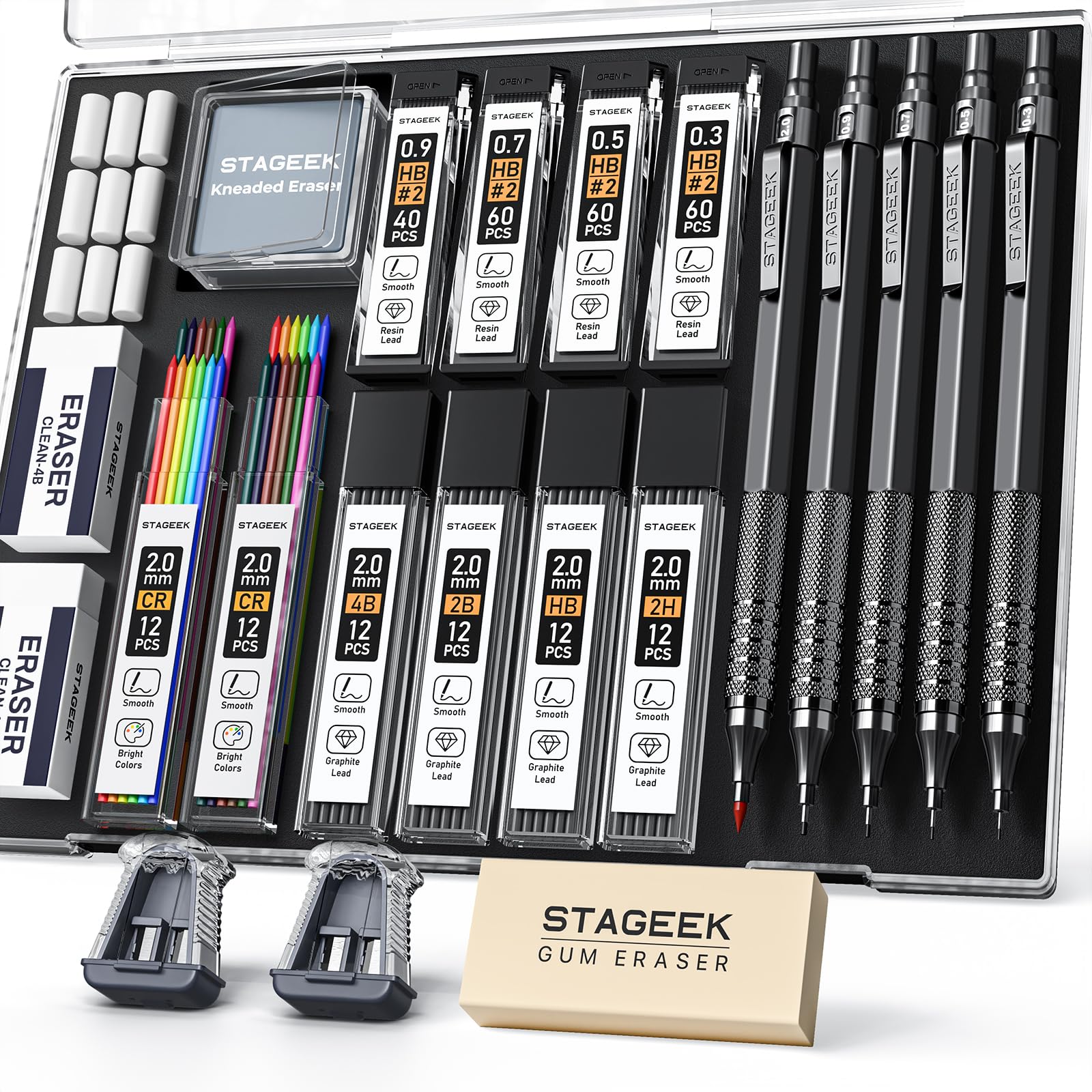 STAGEEK 21PCS Metal Mechanical Pencil Set, Art Lead Pencil 0.3, 0.5, 0.7, 0.9, 2mm Lead Holder(HB 2H 2B 4B Color) with 10 Tubes Graphite Refills Eraser with Case for Drafting Drawing Sketching