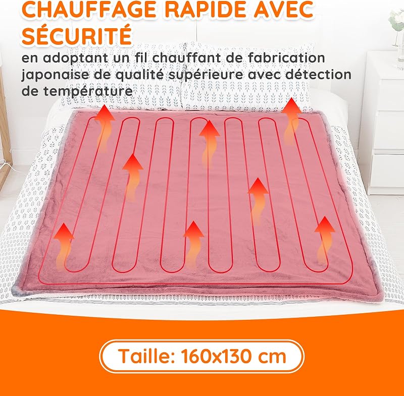 Couverture électrique chauffante, avec arrêt Automatique, 10 Niveaux de Chauffage Jusqu’à 9 Heures, Protection Contre la surchauffe, certifiée ETL, pour lit, en Flanelle, Chauffage Rapide