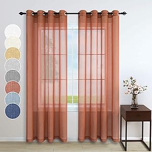 Pitalk Terracotta Curtains for Living Room 2 Panels Grommet Faux Linen Light Filtering Sheer Rust Curtain for Bedroom Burnt Orange Red 52x84 Inch Long