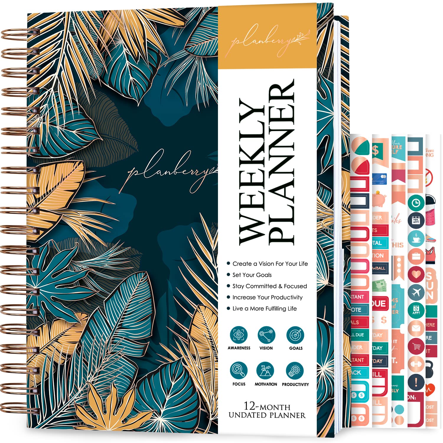 PLANBERRY Weekly Planner Large – Elegant Life & Budget Planner to Hit Your Goals & Live Happier - Organizer & Productivity Journal - 20x27cm Hardcover, Undated + Stickers Tropical Forest — image 1