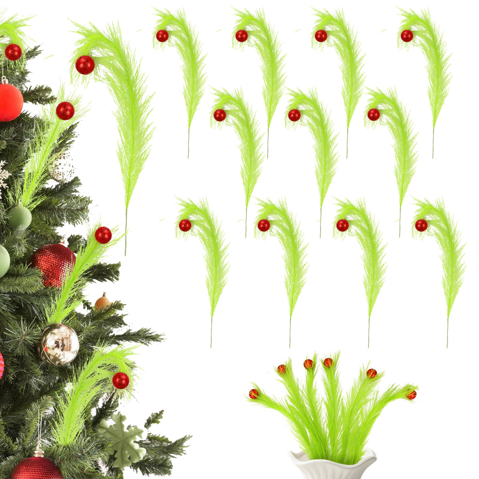 Photo 1 of 12 Pcs Christmas Tree Topper, 17'' Green Christmas Tree Picks with Red Ball, Curly Xmas Artificial Green Stems, Elf Ornaments, Christmas Tree Wreath Home Holiday Craft Decorations