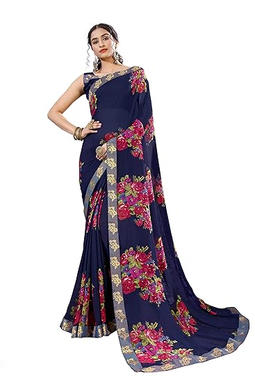 Womens Georgette Floral Printed Saree With Blouse(angelena-blue,Blue)
