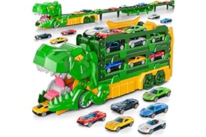 Ci vetch Dinosaur Race Track Toys for Ages 3-4 4-6, 59-inches Transport Dinosaur Truck with 12 Die-cast Cars, Carrier Truck T