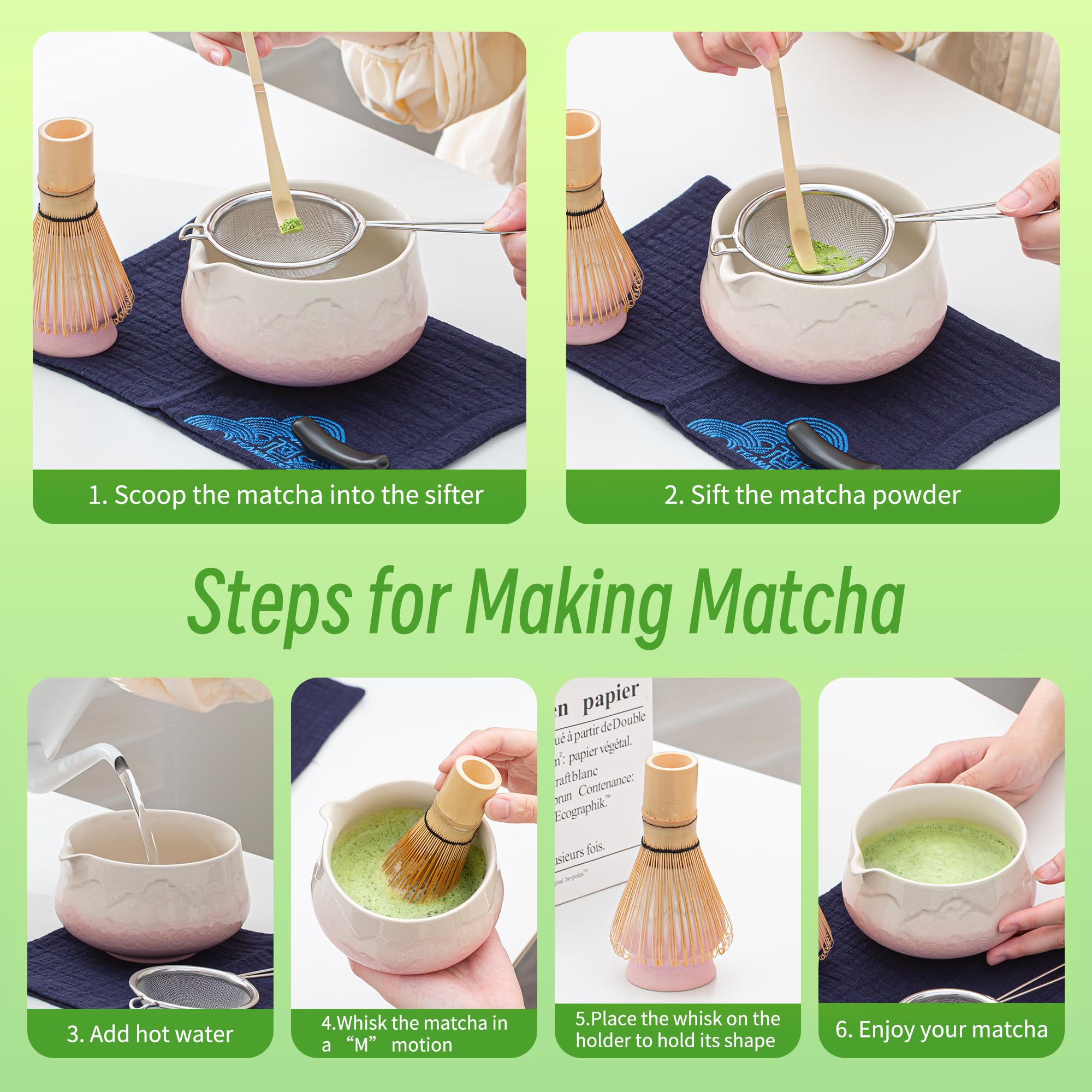 TEANAGOO 7 Stück Matcha Set, Matcha Besen, Matcha Schale mit Ausgießer, Matcha Set Rosa, Matcha Tee Set für die Zubereitung von Milchkaffee, Matcha Schneebesen Set und Schüssel mit löffel & Sieb 5