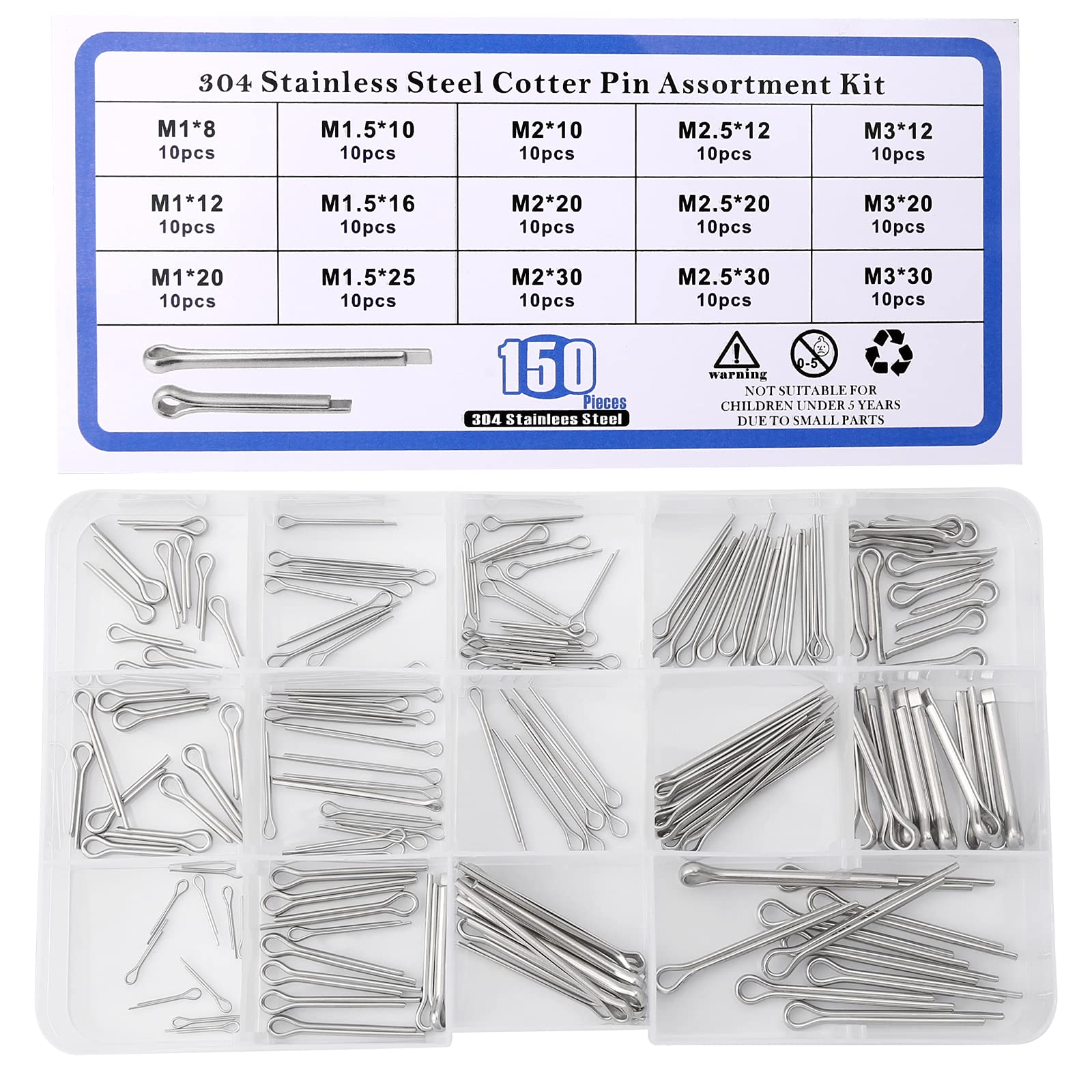 150 Pcs 304 Stainless Steel Cotter Pins Assortment Kit, M1-M3 Heavy Duty Split Cotter Pins Assorted, 15 Sizes, for Automotive Mechanics, Small Engine Repair, Farm Trucks, Cars, Garden Equipment