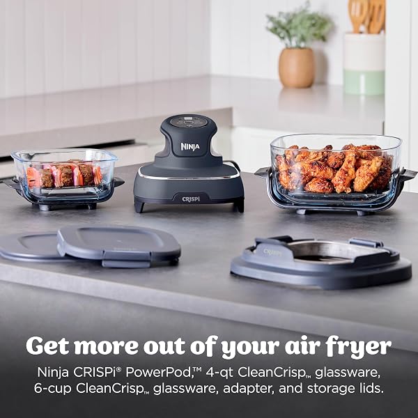 NINJA CRISPI 4-IN-1 GLASS AIR FRYER | WITH NON-TOXIC 4QT & 6-CUP GLASS CONTAINERS & LIDS | MICROWAVE, FREEZER, DISHWASHER SAFE | 450°F MAX TEMP |1500 WATT | CYBERSPACE | FN101GY