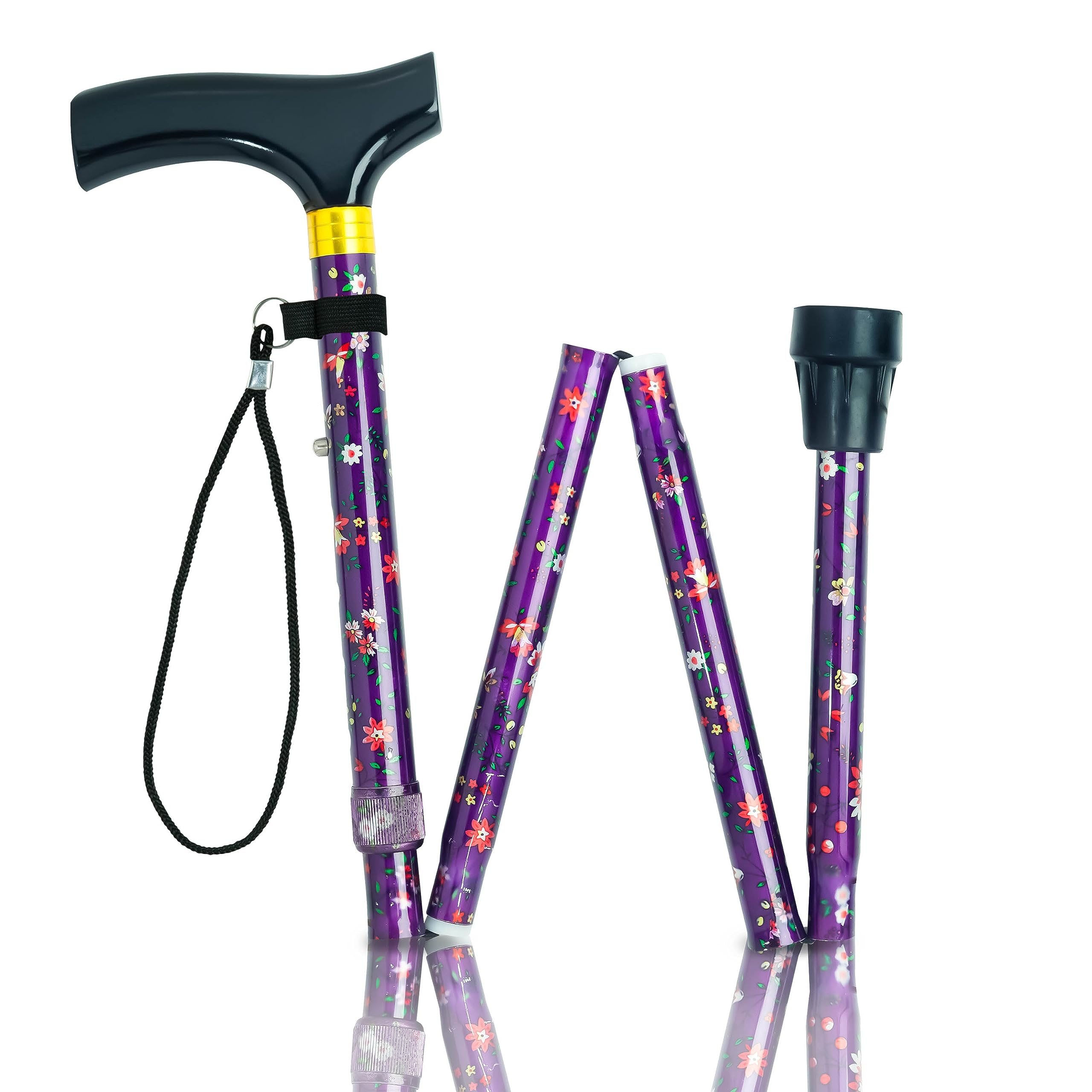 Amazing Health Flower Folding Walking Stick T-Shape Wooden Handle - Height Adjustable with FREE wrist strap and spare ferrule (Purple)