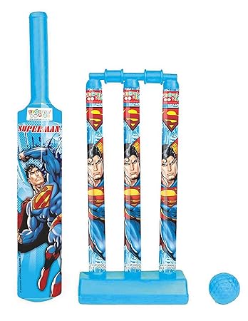 Zitto Superman Mini Cricket Set with 1 Plastic Bat and Ball, 3 Wickets, Base and Bail, Multicolour