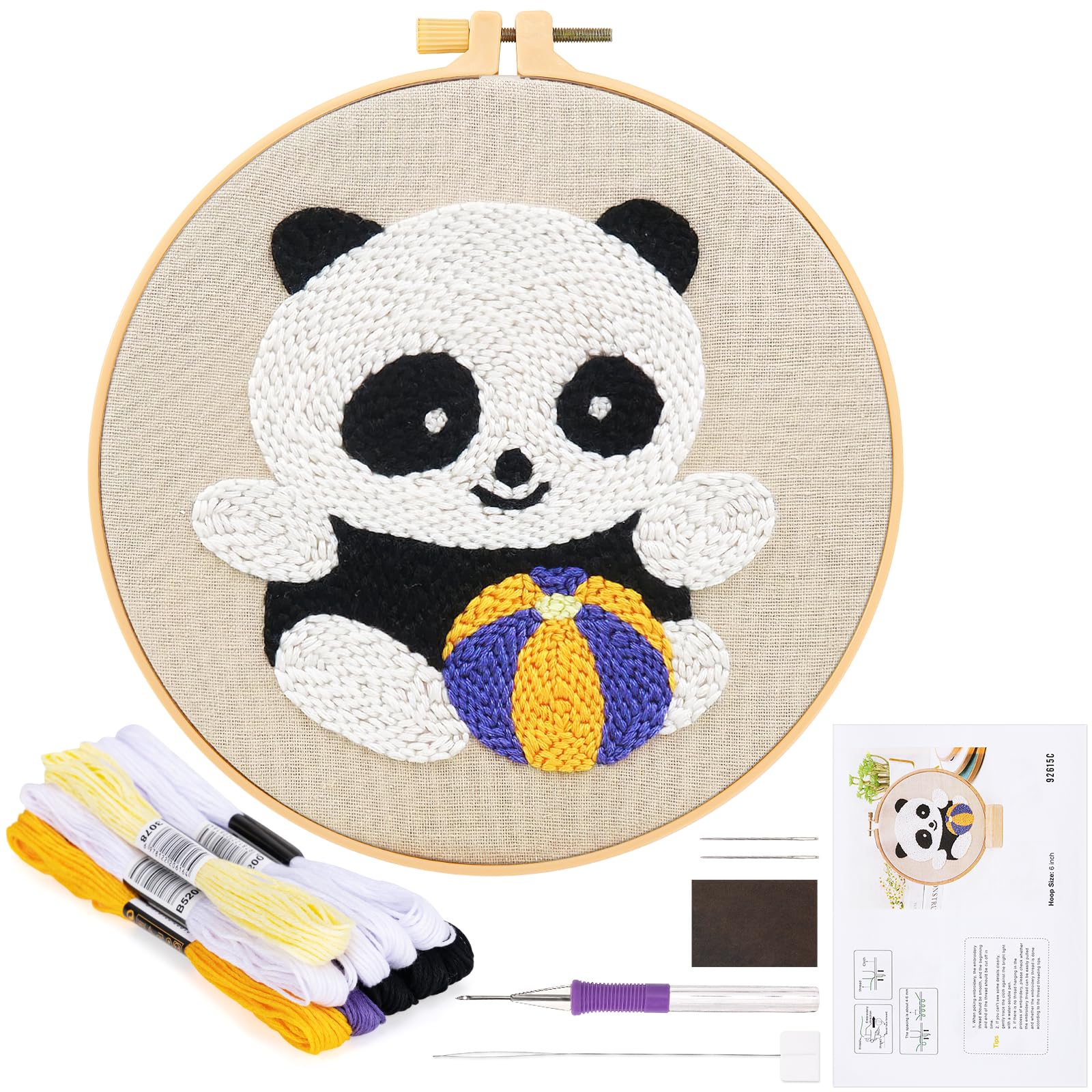 JSRQT Panda Punch Needle Embroidery Starter Kits,Rug Hooking Embroidery Beginner Kit for Kids and Adults Beginner, Punch Needle Tool Set with Fabric, Sewing Needles, Yarns and Hoops